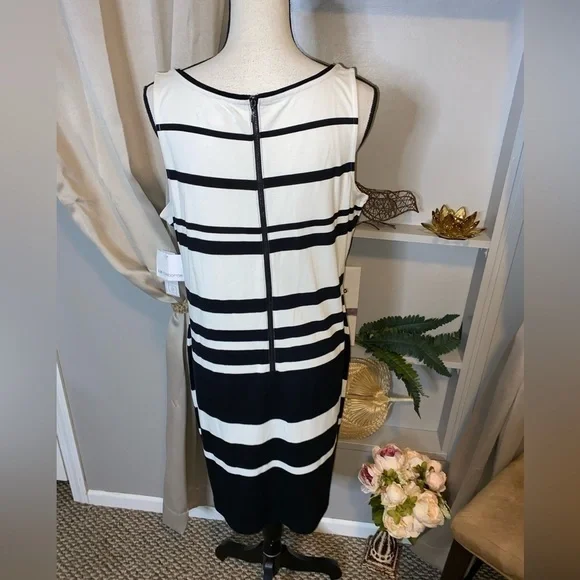 NWT 16 Liz Claiborne Black White Stripes Back Zip Belt Loops Sleeveless Dress - Picture 7 of 16